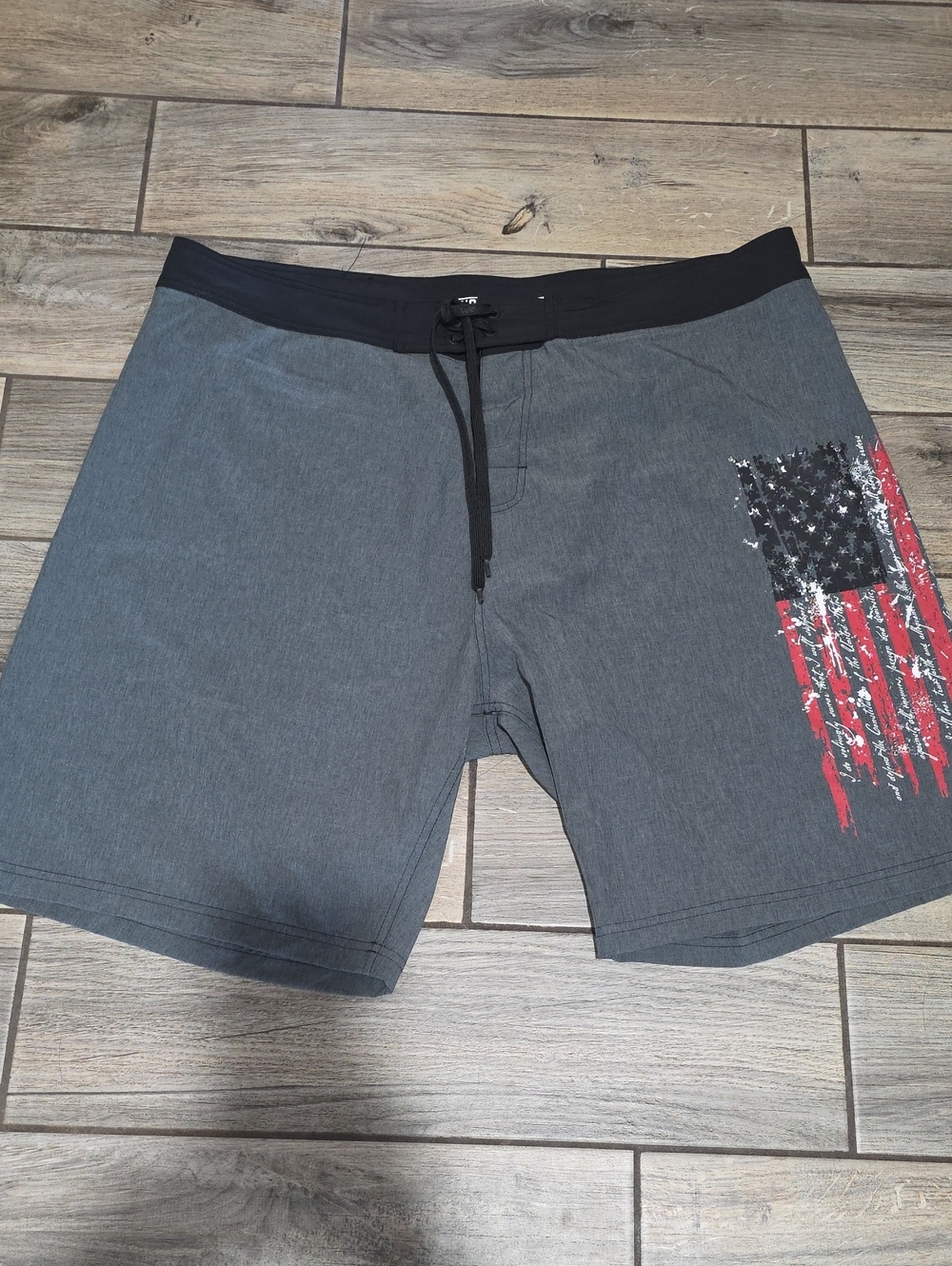 Men's Gray Swim Board Shorts with Black Waistband and Flag Graphic-Size 42